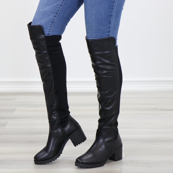 Black Over The Knee Boot Chunky Lug Heel Faux Dual Leather And Stretchy Material - Picture 13 of 15